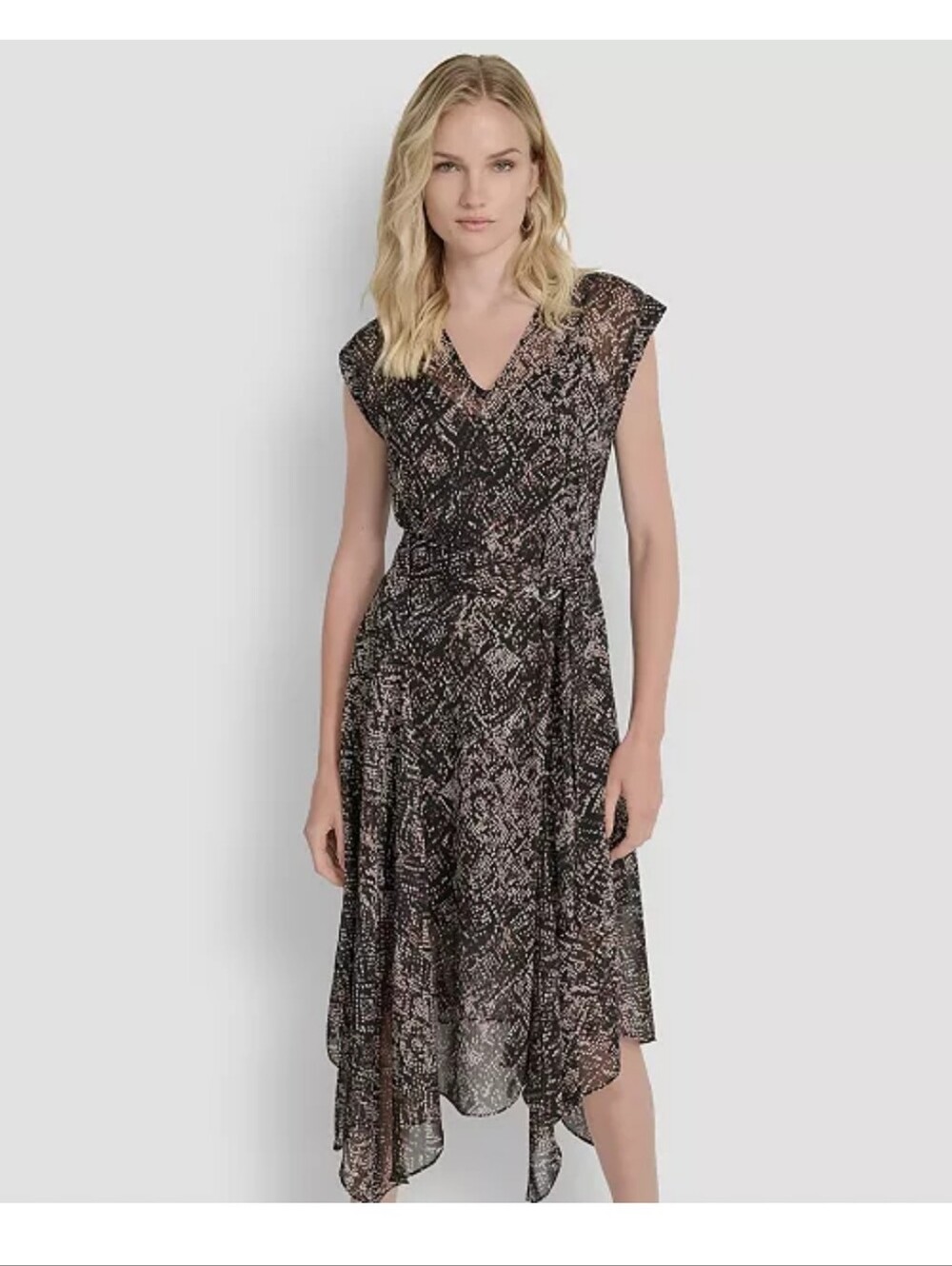 DKNY Size 4 Snake Print Midi Dress V Neck Tie Waist Cap Sleeve NWT $139
